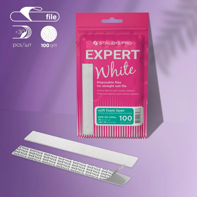 White disposable files for straight base (soft foam layer) Expert 20 100 grit (30 pcs) Staleks Pro - Disposable nail