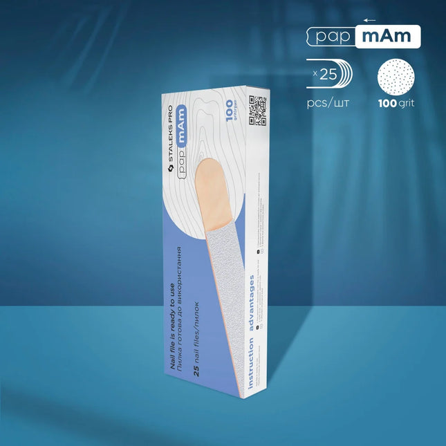 White disposable files on a wooden base papmAm Expert 22 100 grit (25 pcs) Staleks Pro - Disposable nail file