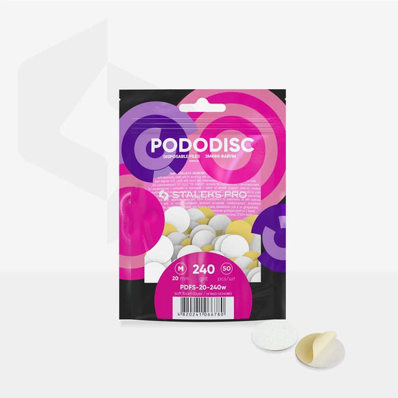 White disposable files with a soft foam layer for pedicure disc Pododisk Staleks Pro M 240 grit (50 pcs) PDFS-20-240w